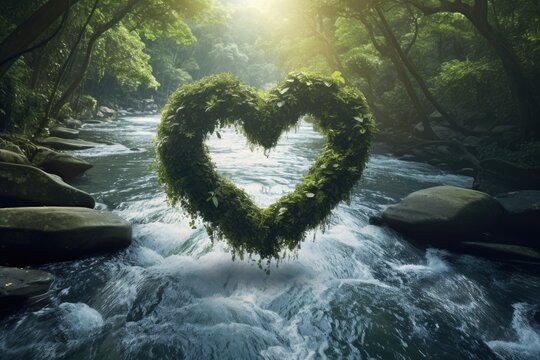 Cascading waterfalls forming heart shapes with text in the open space