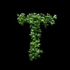 Capital letter T is created from young green arugula sprouts on a black background.