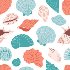 Seamless pattern with sea shells, mollusks, starfish. Tropical beach shells. Summer seamless pattern. Vector illustration in flat style