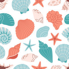 Seamless pattern with sea shells, mollusks, starfish. Tropical beach shells. Summer seamless pattern. Vector illustration in flat style