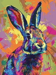 Rabbit painting. Cute rabbit colorful. vibrant rabbit linotype flat color - obrazy, fototapety, plakaty