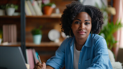 Mujer ejecutiva afroamericana trabajando en oficina
 - obrazy, fototapety, plakaty