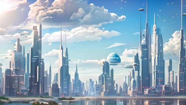 Futuristic city with skyscrapers and buildings in the blue sky, AI Generated