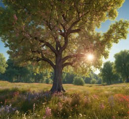 Beautiful summer landscape with blooming meadow and big old tree