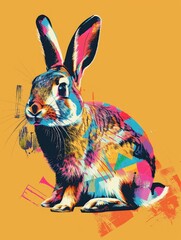 Rabbit painting. Cute rabbit colorful. vibrant rabbit linotype flat color - obrazy, fototapety, plakaty