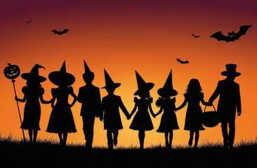 Halloween background with silhouettes of children trick or treating in Halloween costume. Template for advertising brochure or banner. Copy space