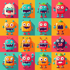 set, Vibrant Flat Design: Playful Exaggerations of Colorful Monsters