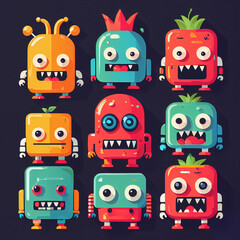 set, Vibrant Flat Design: Playful Exaggerations of Colorful Monsters