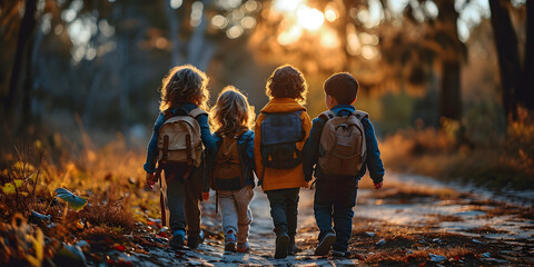 A Group of Children Walk to School Together at Sunrise. Elementary School Students on the First Day of School