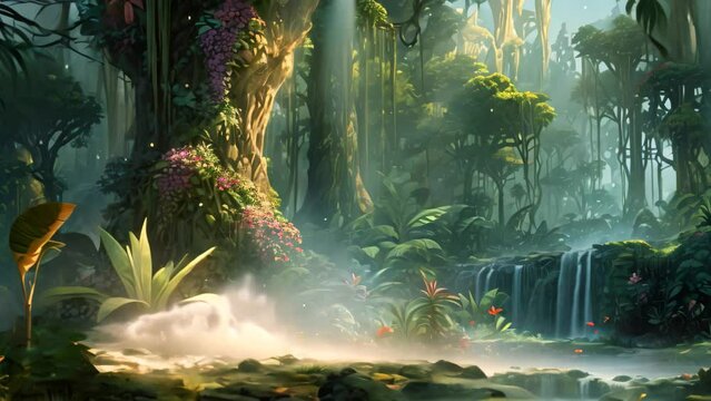 Beautiful fantasy landscape with waterfall and tropical plants. Digital painting, AI Generated