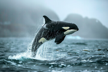 Fototapeta premium An orca whale breaching in misty waters with mountainous terrain in the background, capturing the essence of wild marine life