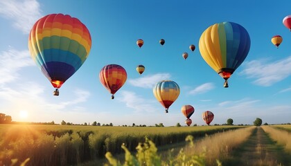 Fototapeta premium Colorful air balloons flying in the sky over clouds landscape