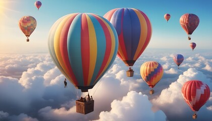 Naklejka premium Colorful air balloons flying in the sky over clouds landscape