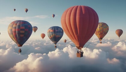 Obraz premium Colorful air balloons flying in the sky over clouds landscape