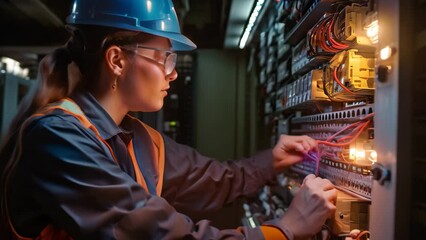 A man wearing a hard hat and safety vest while working on a switch box, Commercial electrician working on a fuse box, AI Generated