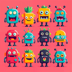 Set, Vibrant Flat Design: Playful Exaggerations of Colorfull Monsters, fruits and love