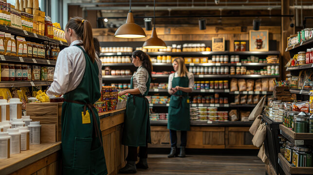 Grocery Store Employees Restocking Shelves with Organic Products