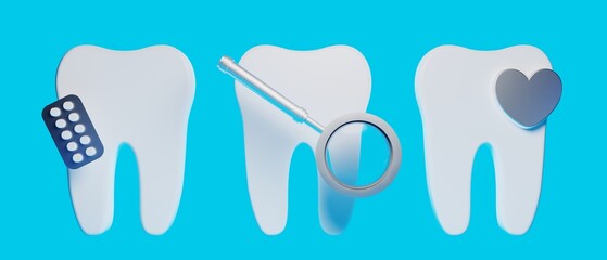 3d object illustration for dentist tooth with tools of medical health care for dental clinic hospital bussiness