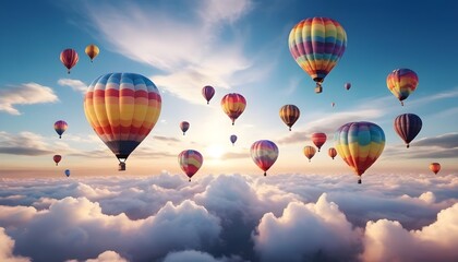 Obraz premium Colorful air balloons flying in the sky over clouds landscape