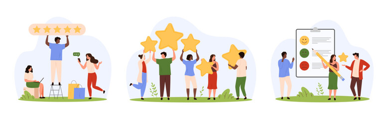 Customer feedback, review survey of clients opinion set. Tiny people holding five gold rating stars, choose emoji in online form of poll about quality of product or service cartoon vector illustration