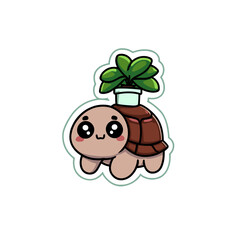 Eco-Friendly Kawaii Turtle with Houseplant on Back, Charming Cartoon Tortoise with Big Eyes, Hand-Drawn Cute Reptile Illustration, Adorable Sustainable Living Concept Art.

