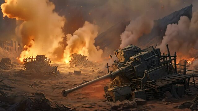 A stunning painting depicting a war scene, with a massive tank dominating the foreground, Modern artillery and anti-aircraft guns on a battlefield, AI Generated