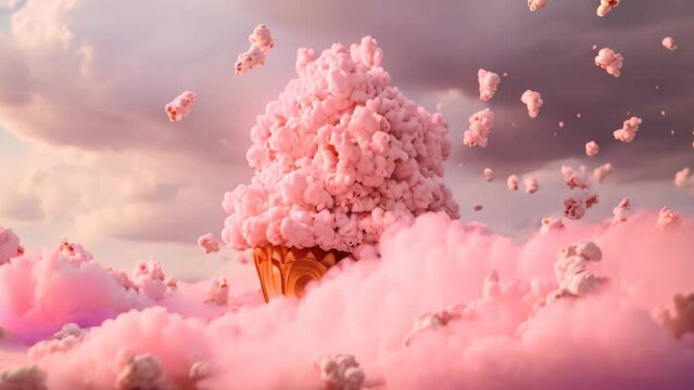 In this captivating image, a majestic tree stands tall amidst fluffy clouds of popcorn, showcasing a whimsical yet abundant natural phenomenon, Pink popcorn in blurry fairy clouds, AI Generated