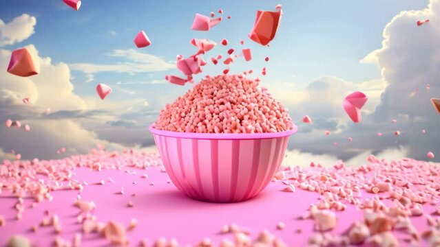 Witness the captivating image of a pink bowl filled with popcorn soaring through the air, Pink popcorn in blurry fairy clouds, AI Generated
