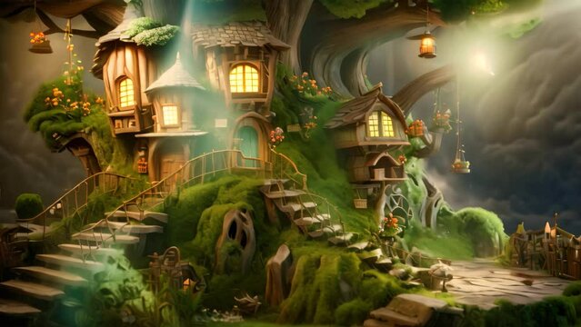 Magical Tree House With Stairs and Staircase Leading Up, Pixar 3D image of a miniature elf dwelling and garden in an old hollowed-out tree, with dramatic fantasy lighting and marginalia, AI Generated