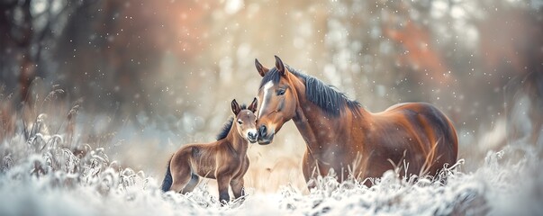 Majestic Horses Bonding in Stunning Winter Wonderland Landscape - obrazy, fototapety, plakaty