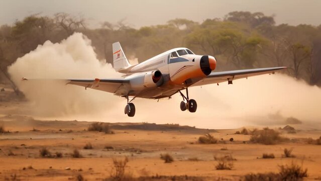A small plane flies low, skimming over a vast expanse of dirt in this captivating aerial view, Small prop plane landing on a dirt landing strip in Africa, AI Generated