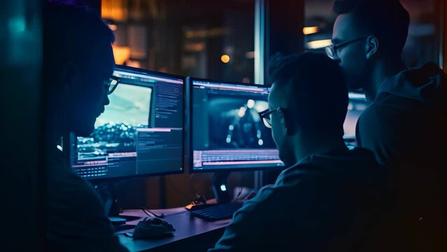 Two men are seated in front of three computer monitors, working and concentrating on their tasks, Software developer and a man at computer for coding script, AI Generated