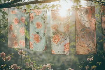 Soft pastel banners adorned with intricate floral patterns, creating a serene and captivating setting.