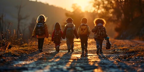 A Group of Children Walk to School Together at Sunrise. Elementary School Students on the First Day of School