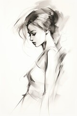 Timeless style: a black and white pencil illustration, capturing the elegance and fashion of a lady's portrait.