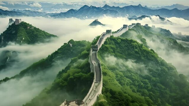 Aerial View of the Legendary Great Wall of China &acirc;&euro;&ldquo; Majestic, Historic and Iconic, The Great Wall of China in the mist, lying long, surrealist view from drone photography, AI Generated