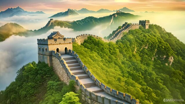 An awe-inspiring painting capturing the grandeur of the majestic Great Wall of China, The Great Wall of China in the mist, lying long, surrealist view from drone photography, AI Generated