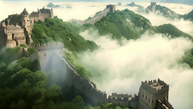 This aerial photo captures the grandeur of the Great Wall of China, The Great Wall of China in the mist, lying long, surrealist view from drone photography, AI Generated