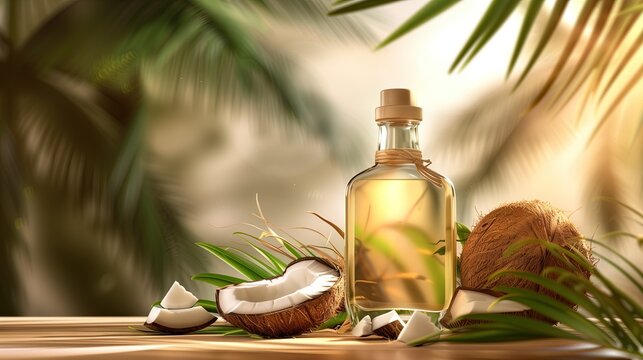 coconut oil For an advertisement that consists of a coconut and coconut leaves and a bottle of coconut oil.