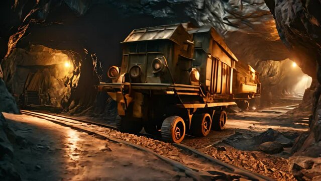 A massive truck plows through a tunnel obstructed with rocks on its way to its destination, underground mining tunne, AI Generated
