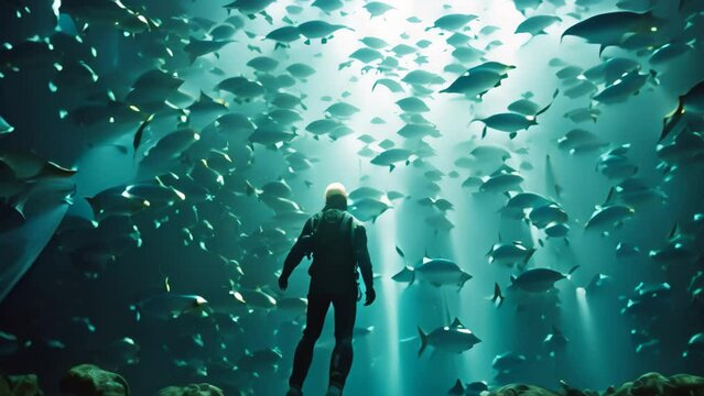 A man stands in front of a massive number of fish, displaying the abundance at a bustling fish market, Underwater, divers, shoals of fish, 8k Ultra HD, AI Generated