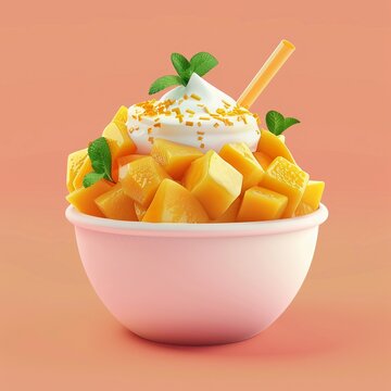 Indulge in the tropical flavors of mango chunks on bingsu 3d cartoon flat design
