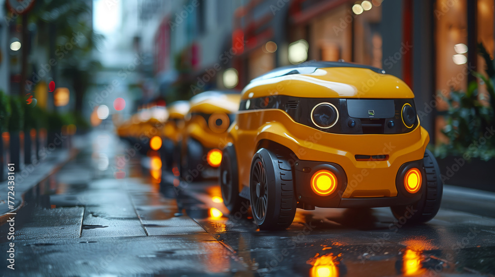 Poster autonomous delivery robots lining a wet urban street at twilight