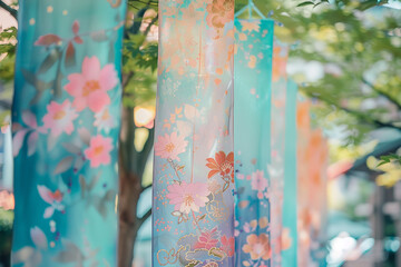 Soft pastel banners adorned with intricate floral patterns, creating a serene and captivating scene.