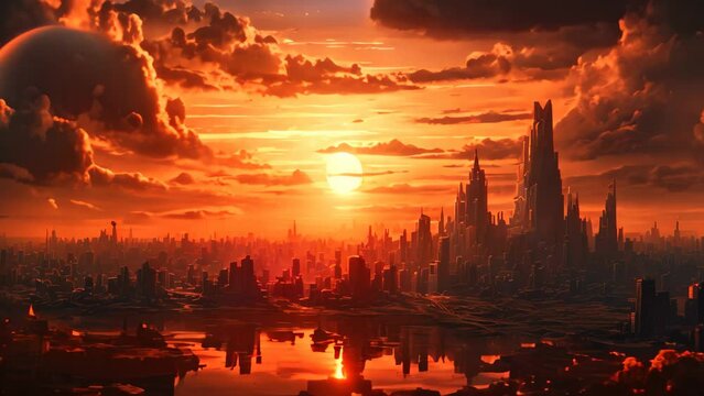 Fantasy alien planet. 3d render illustration of a fantasy alien planet, A hopeful sunrise over a city sky, AI Generated