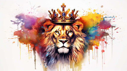 illlustration lion king face , with crown gold , rainbow splash smoke  Generate AI