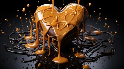 Chocolate heart with caramel on a black background.