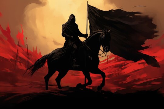 cloaked man riding a black horse waving a flag with some kind of symbol, digital art style, illustration painting