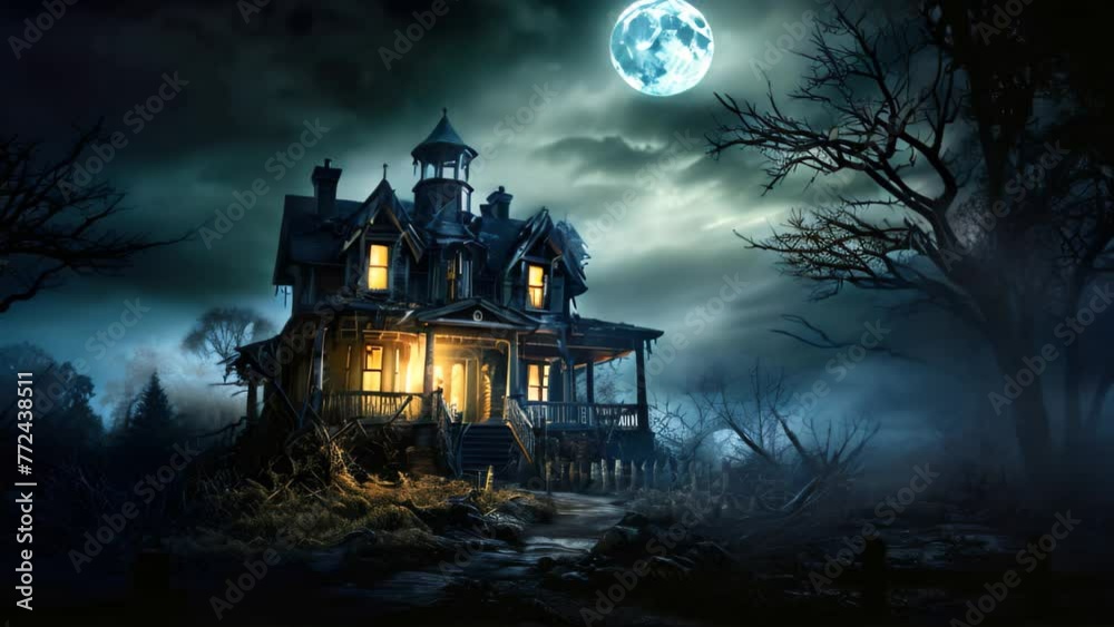 Wall mural Halloween background with haunted house and full moon. Halloween concept, An eerie full moon shining over a haunted house, AI Generated