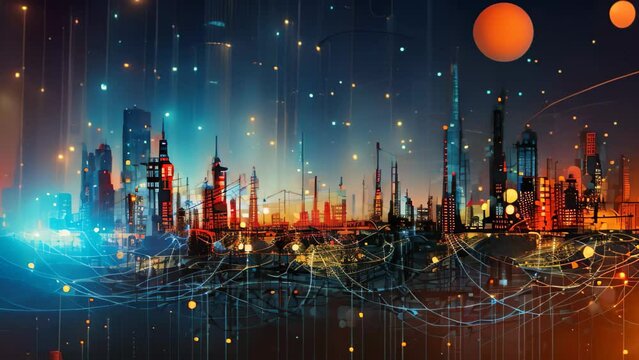 Futuristic industrial city at night with glowing lights. Vector illustration, Abstract visualization of the Internet of Things, AI Generated
